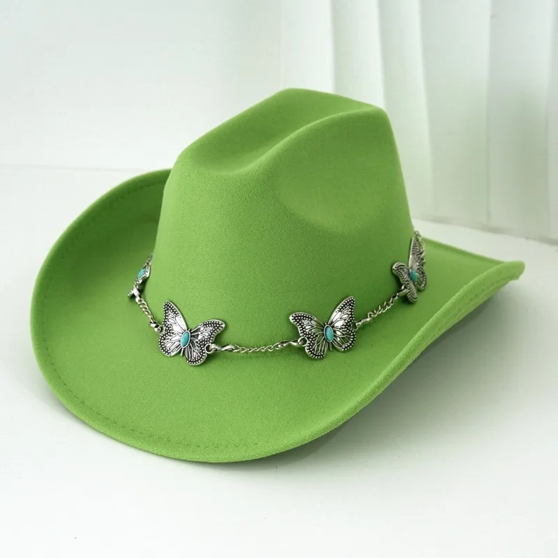 Viral Hepburn Style Turquoise Butterfly Chain Decor Fedora Hat Elegant Ethnic Felt Western Cowboy Hat Outdoor Fashion Cap