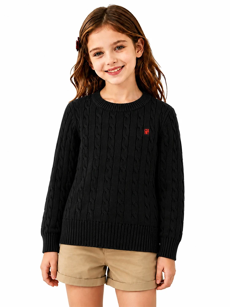 CH Jungen Pullover mit Rundhalsausschnitt, Zopfmuster, gerippten Bündchen und Saum, Bruststickerei, lässige Kinder-Strickoberteile – Detail 8
