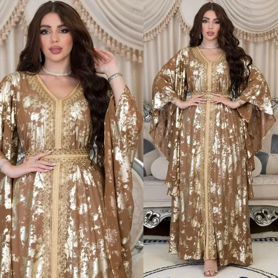 AB286 2023 Spring New Muslim Chiffon Gold Stamped Robe with Belt Dress