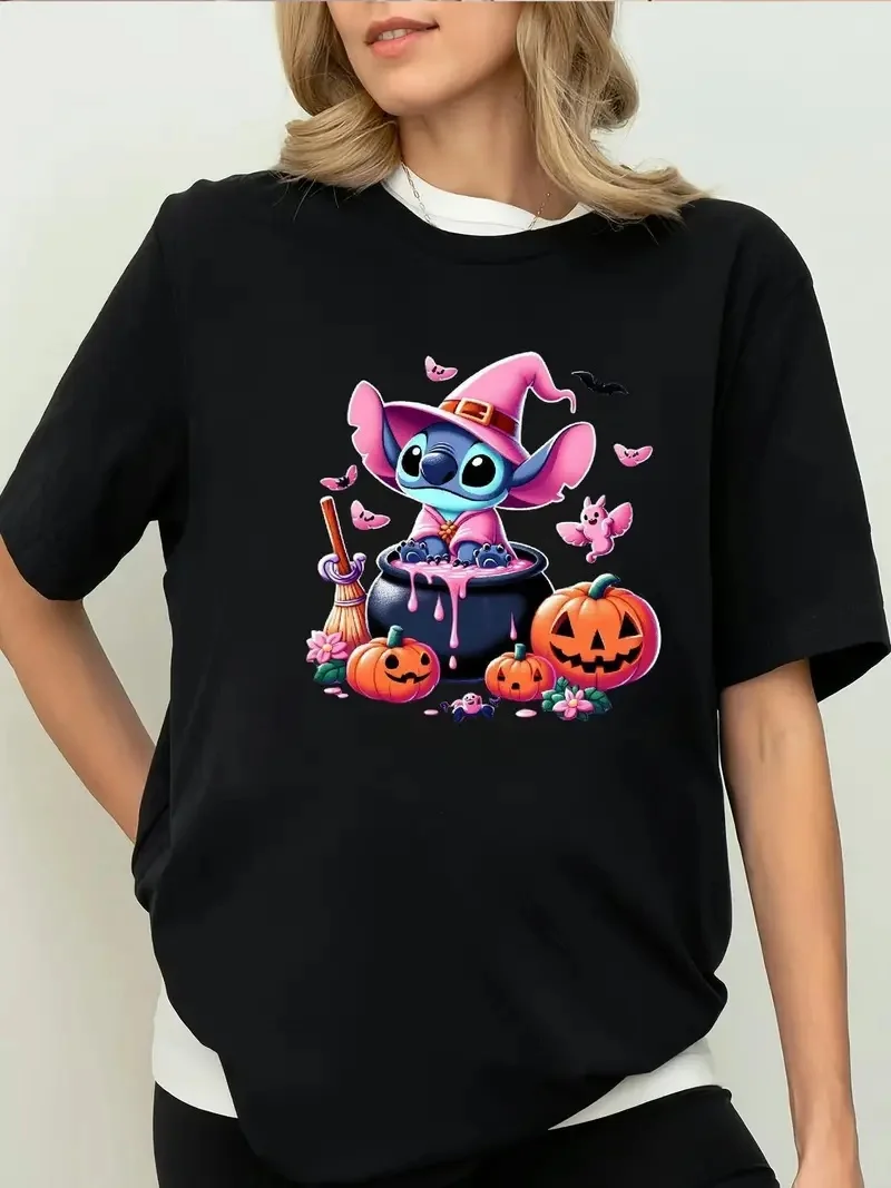 

2025 Disney Pattern Printed Women's Casual Comfortable Unique Smiling Face Black Round Neck Short Sleeve T-shirt