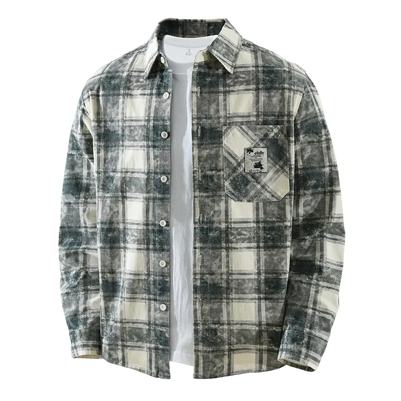 

Japanese Style Plaid Cotton Shirt Men's Casual Artistic Spring New Fashion Brand Loose Fit Long Sleeve Pocket Detail