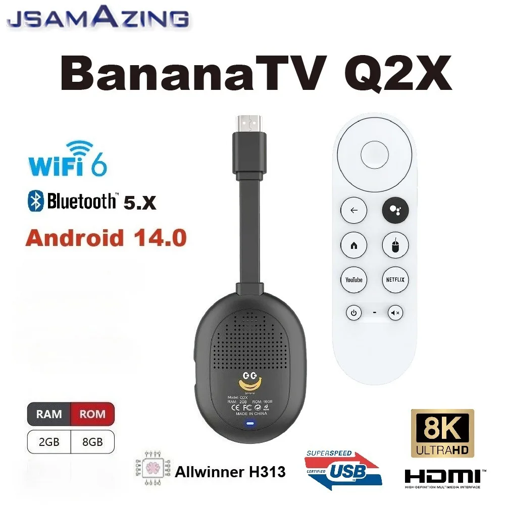 Q2X TV Stick Smart Box Android 14.0 2.4g 5g H313 Quadcore A53 4K بلوتوث 2G 8G يدعم Google Youtube Media Player IP TV