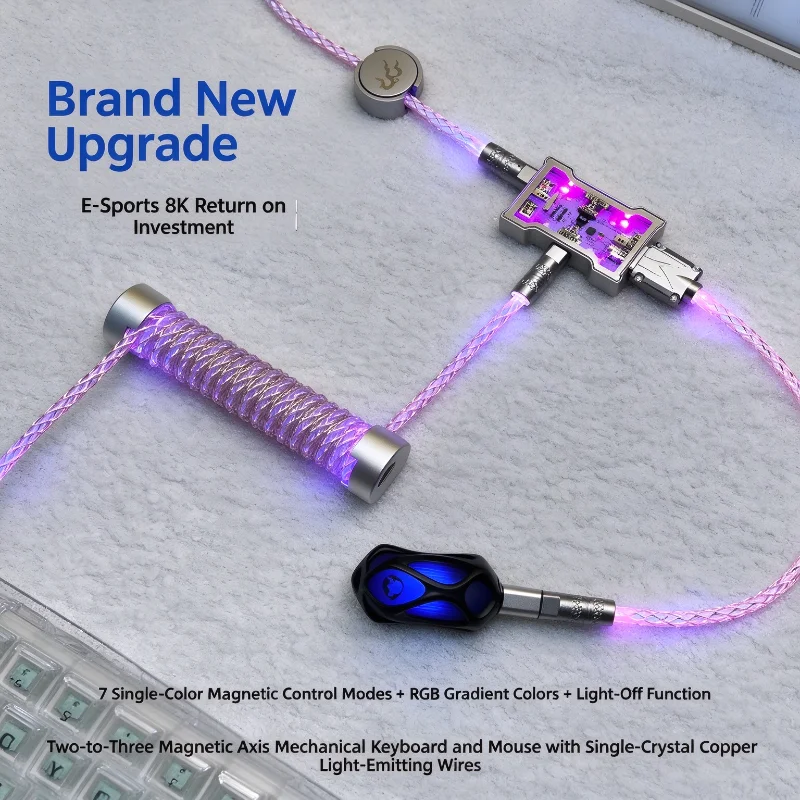 2-to-3 8k Aviator Cable E-sport Hm-hub Set 7-color Magnetic Control+rgb Gradient Light + Light Off For Mechanical Keyboard Mouse