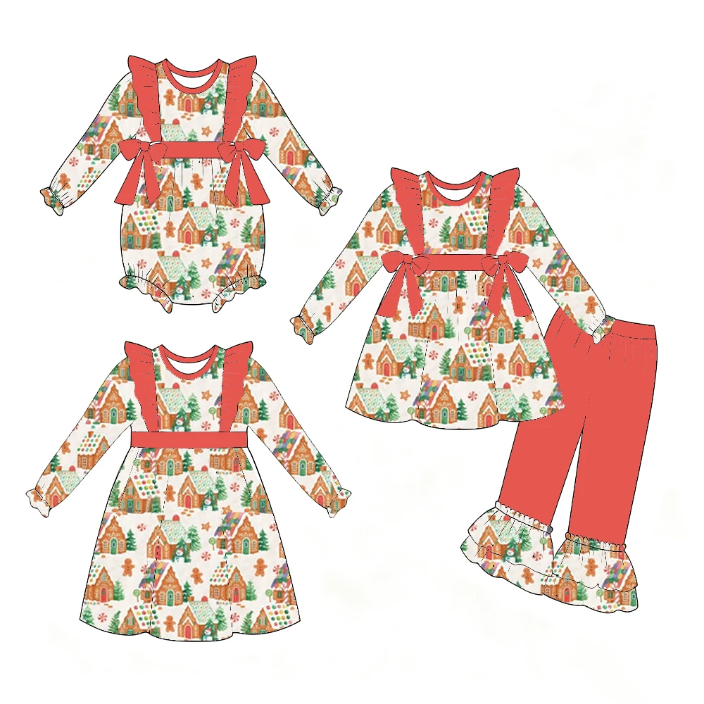 Boutique Kids Sets Long-Sleeve Dress and Long Trousers Ruffle Christmas and Thanksgiving Series Print Matching Dress Romper