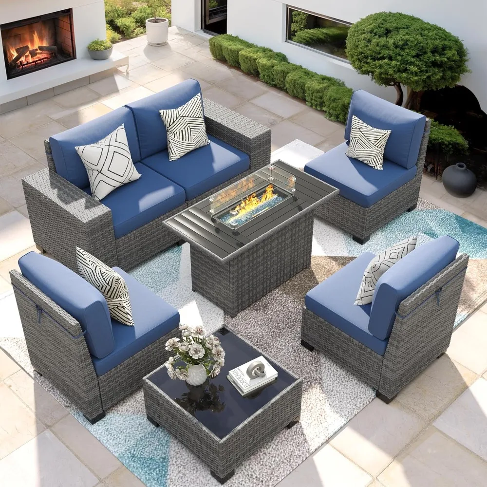 

7 Piece Patio Furniture Set with Fire Pit Table, Outdoor Conversation Sets Wicker Rattan Sectional Sofa