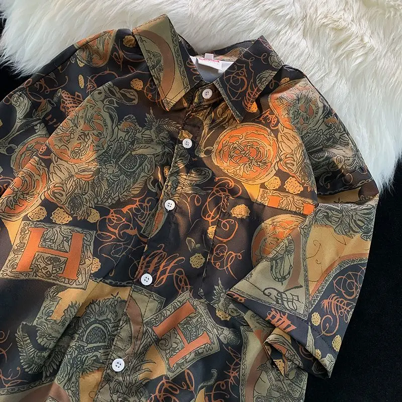 2024 Korean style Hawaiian shirt Baroque short-sleeved men\'s summer thin national fashion ice silk floral shirt vintage jacket