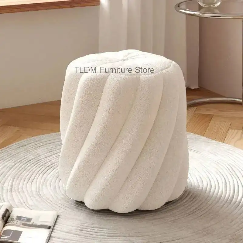 Lamb Wool Pleated Round Stool - Multi-Color Curvy Shape Shoe Changing Stool, Upholstered Stool for Home Bedroom & Living Room