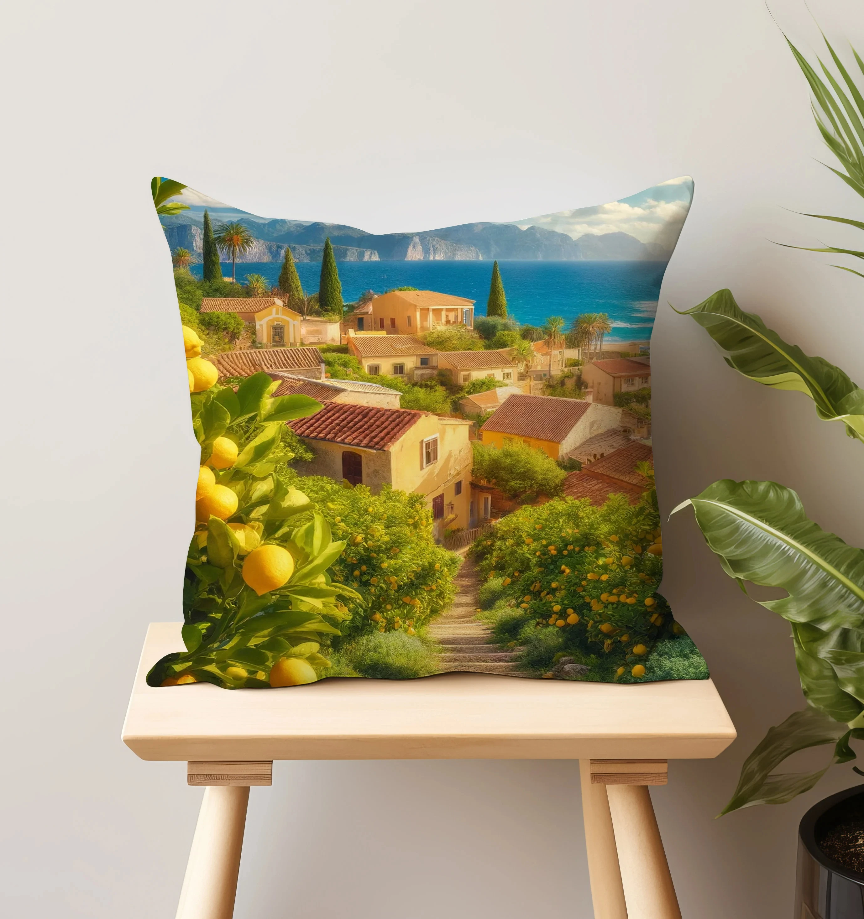 1PC Amalfi Coast Lemon Grove Pillow Cover, Mediterranean Italian Style Cushion Case (Pillow Not Included)