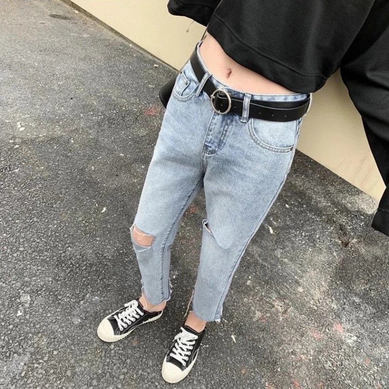 2026 Summer Thin Washed Ripped Jeans High Waist Loose Straight Leg Cropped Pants for Petite Women Light Color
