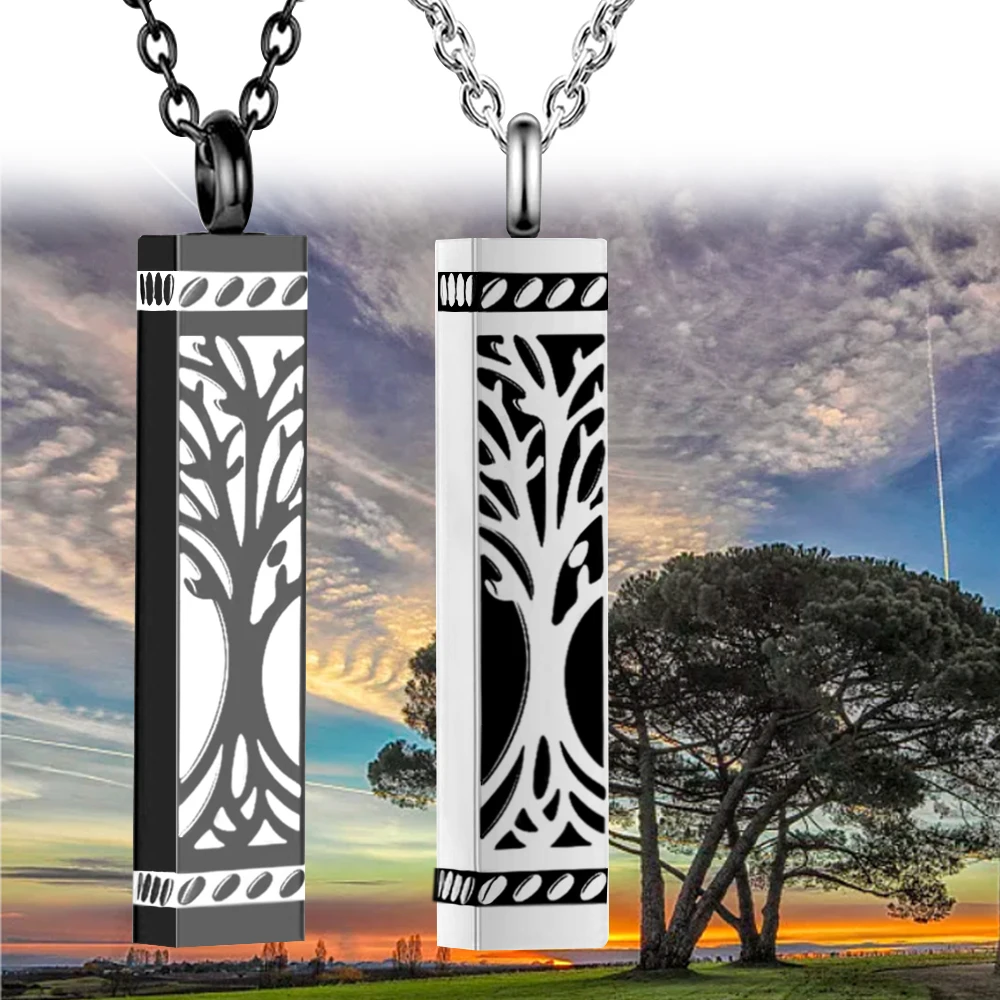 Tree of Life Urn Necklace Silver Square pillar Cremation Jewelry for Ashes Memorial Gifts for Women Men Charm Pendant Necklace