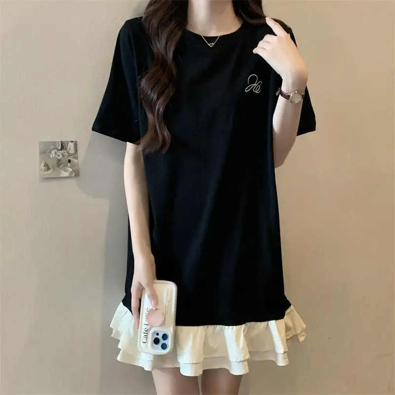 Plus Size Patchwork T Shirt Dress Summer New Short Sleeve Solid Loose Contrast Korean Midi Dress Casual Fashion Women Clothing