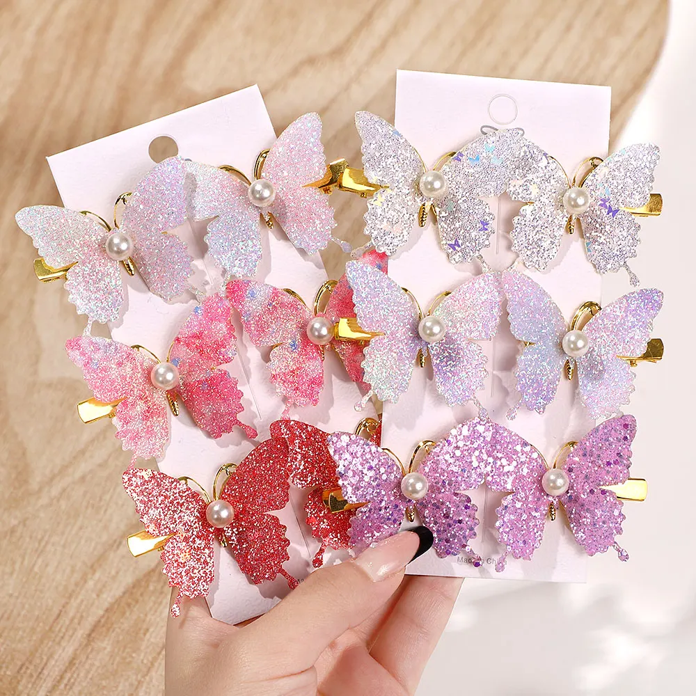 6Pcs/set Shiny Butterfly Hair Clip Set Photography Dress Up Gift for Girls Butterfly with Pearl Hair Clip Akcesoria do włosów