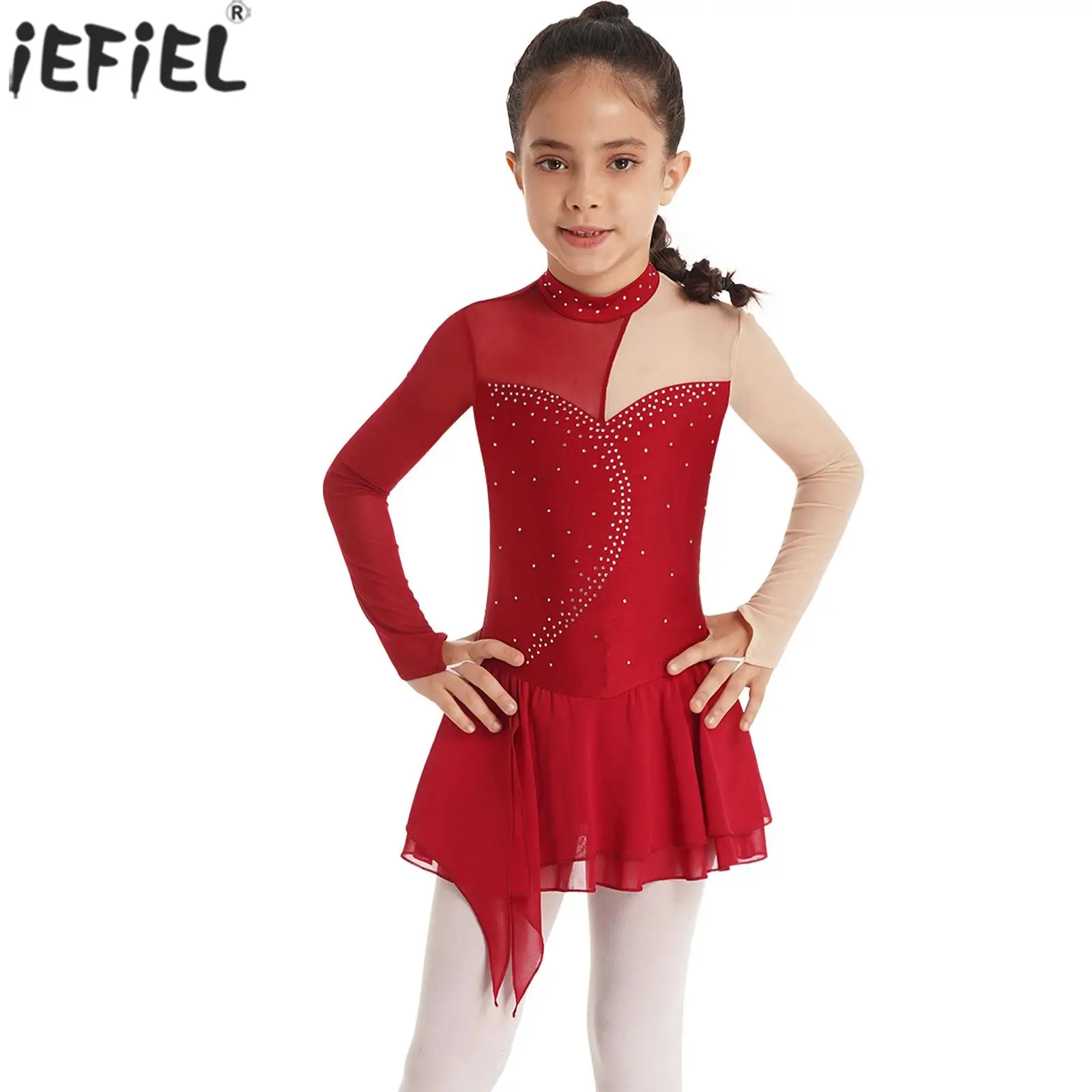 

Kids Girls Rhinestone Figure Ice Skating Dress Ballet Dance Gymnastics Leotard Tutu Long Sleeve Ballroom Performance Dancewear