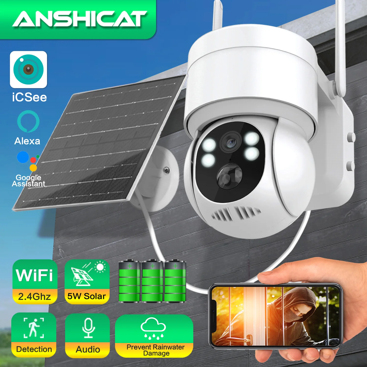 4MP HD WiFi PTZ Camera Outdoor Wireless Solar IP Camera Built-in Battery Video Surveillance Camera Long Time Standby iCSee APP