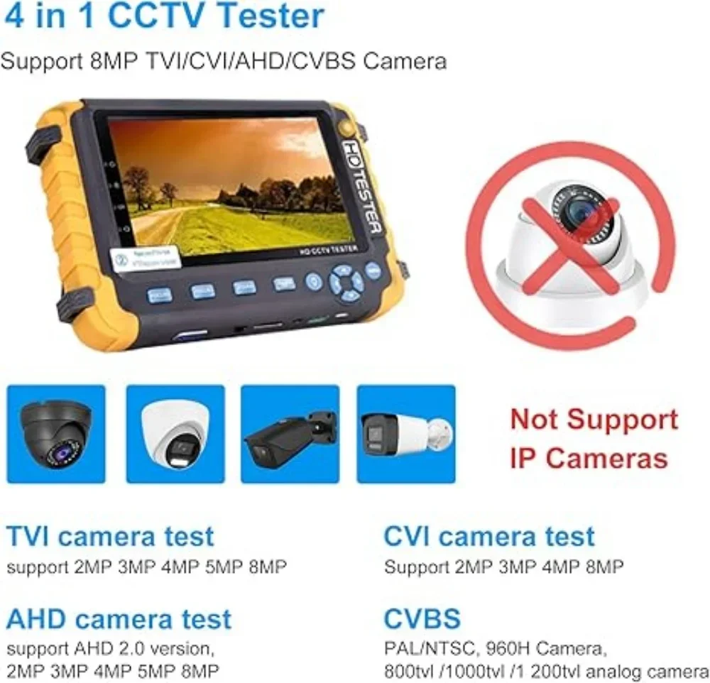 PEGATISAN 8MP CCTV Security Camera Tester IV8W 5Inch CCTV Monitor AHD/CVI/TVI CVBS Analog CCTV Cameras Tester HDMI VGA Input