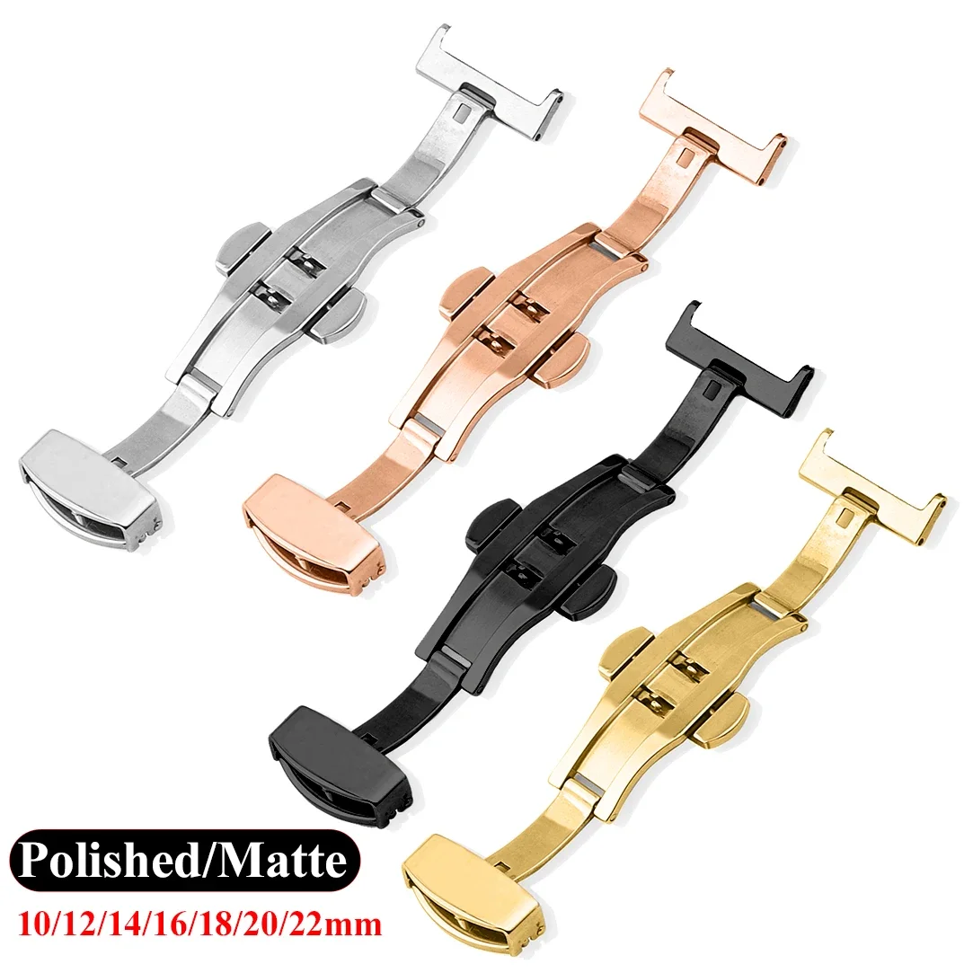 Edelstahl-Uhrenschnalle mit Schmetterlingsfalte, polnisches, mattes Band, Verschluss 10, 12, 14, 16, 18, 20, 22 mm, Silber, Schwarz, Roségold, Uhrenknöpfe