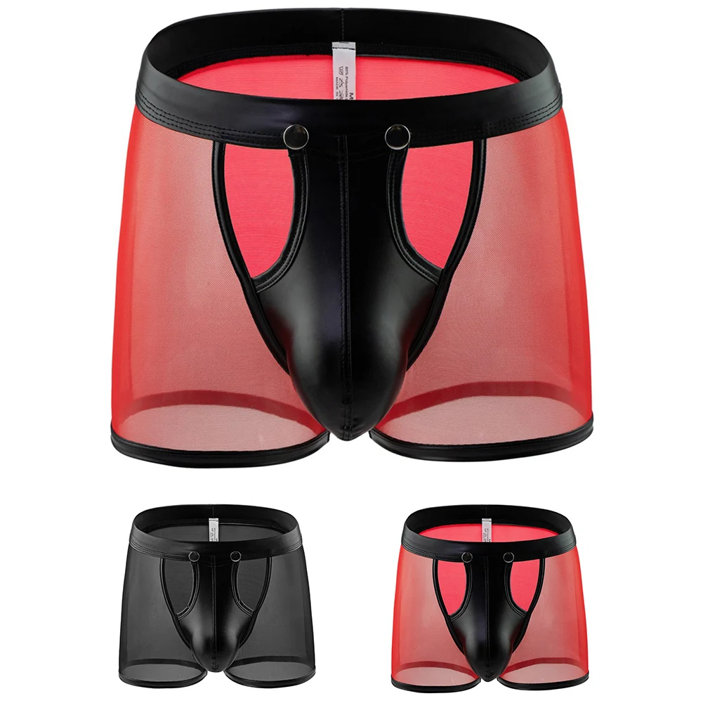 Low Waist Briefs Sexy Mens Underwear Man Clothing Patent Leather Polyester Red Sheer Mesh Pouch Low Waist Briefs