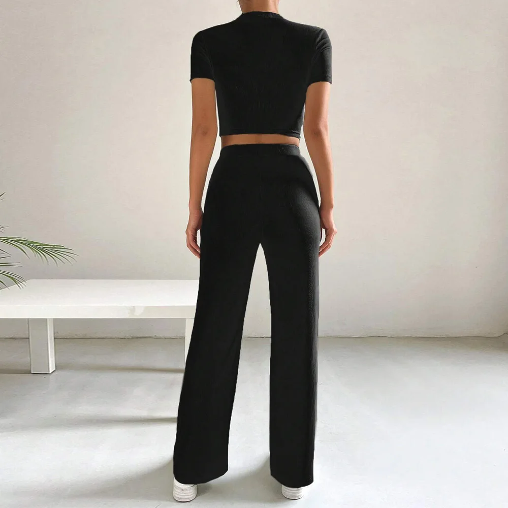 Women New Cropped Fitted Knit Short Sleeve Top High Waist Wide Leg Pants Two Piece Set
