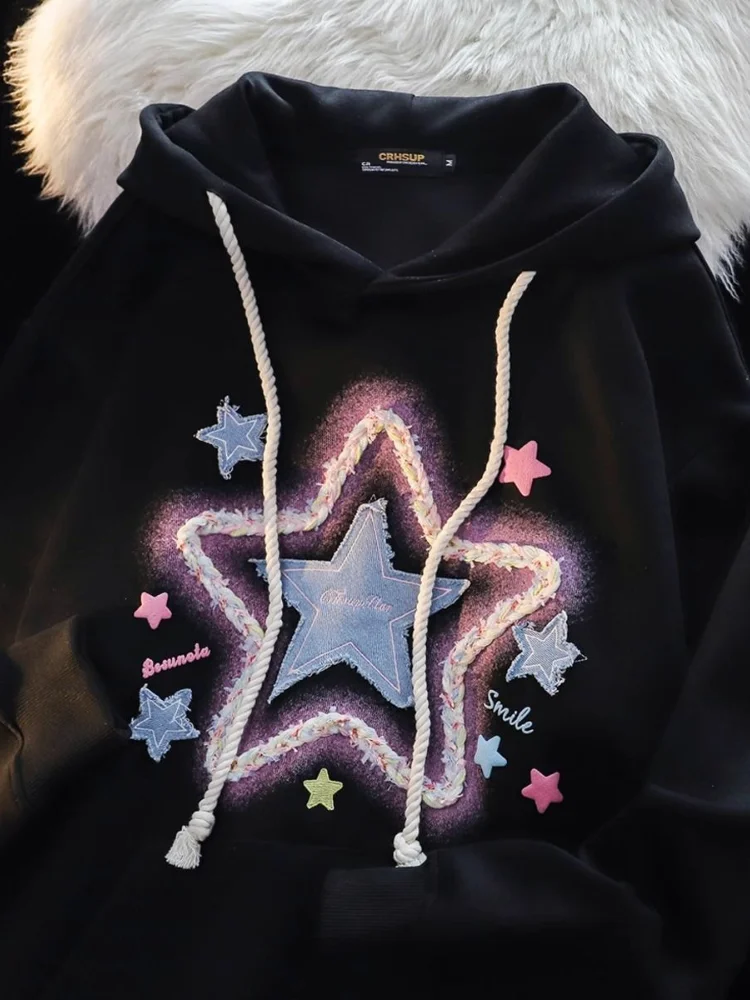 Deeptow Y2K Harajuku Sweet Star Embroidery Patch Printed Hoodie Design Sense Niche Retro Street Loose Fashion Pullover New 2024