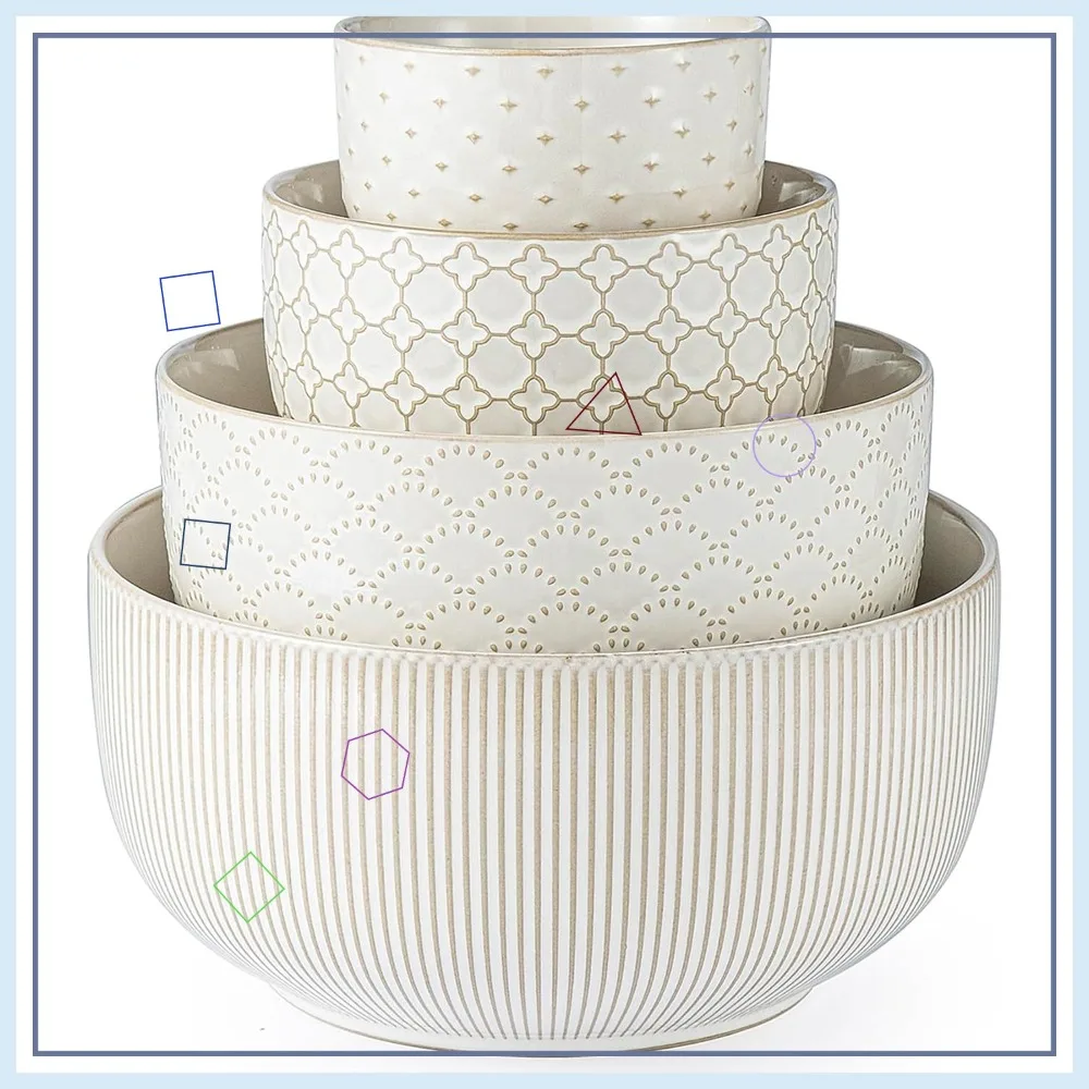 

4-Piece Ceramic Mixing Bowls Set, Nesting Embossed Stoneware for Cooking Serving Popcorn Salad, Microwave Dishwasher Safe