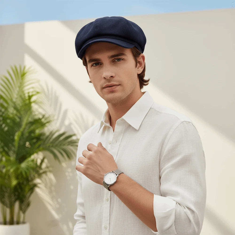 Lightweight Patchwork Newsboy Cap Breathable Fabric Short Curved Brim Colorblock Flat Hat Soft Structured Crown Sweat-Absorbent