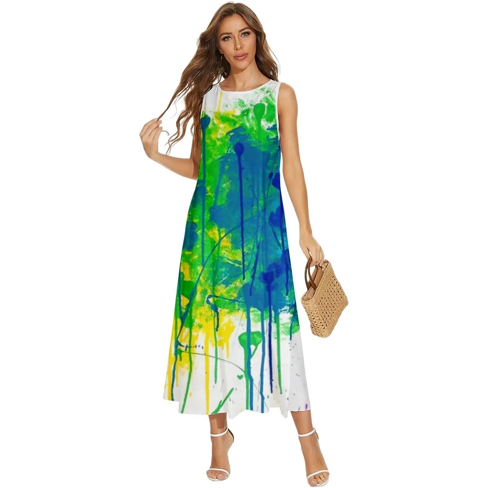 Lente Zomer Vrouwen Strand Lange Jurk Tie Dye Patroon Gedrukt Mouwloze Pocket Jurk Kleding Holiday Vestido