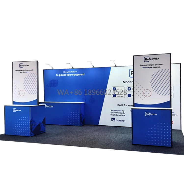 Toolless 10 X 20  Custom Trade Show Display Equipment Fair Stand Movable Metal Frame Tradeshow Booth with Counter Shelves