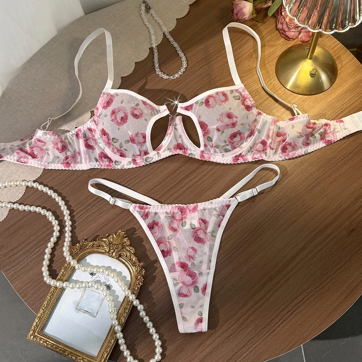 Romantic lingerie look with sheer floral fabric and French-inspired styling