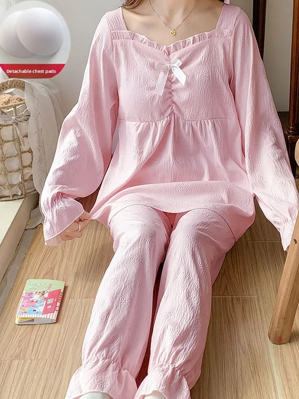

Princess Style Sleepwear Set with Chest Pad Long Sleeve Long Pants Home Clothes Thin Enough to Wear out Ideal for Spring And ...
