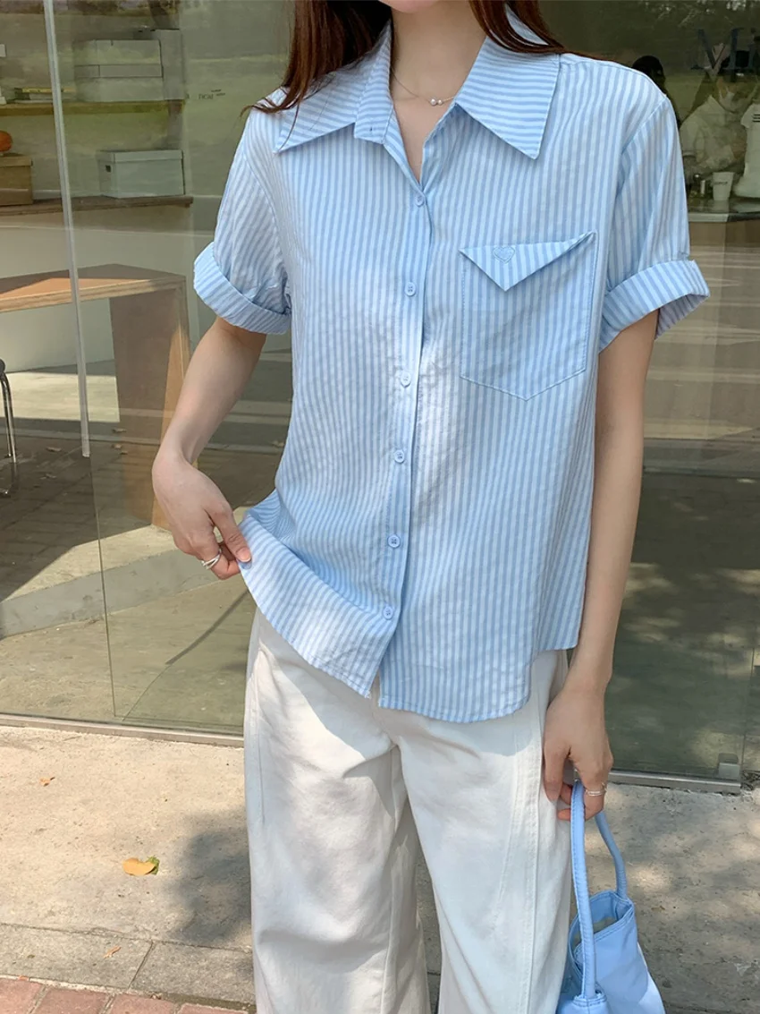 Alien Kitty Stripes 여성 루즈 셔츠 세련된 여름 2025 짧은 소매 모든 경기 패션 부드러운 작업복 데일리 캐주얼 New