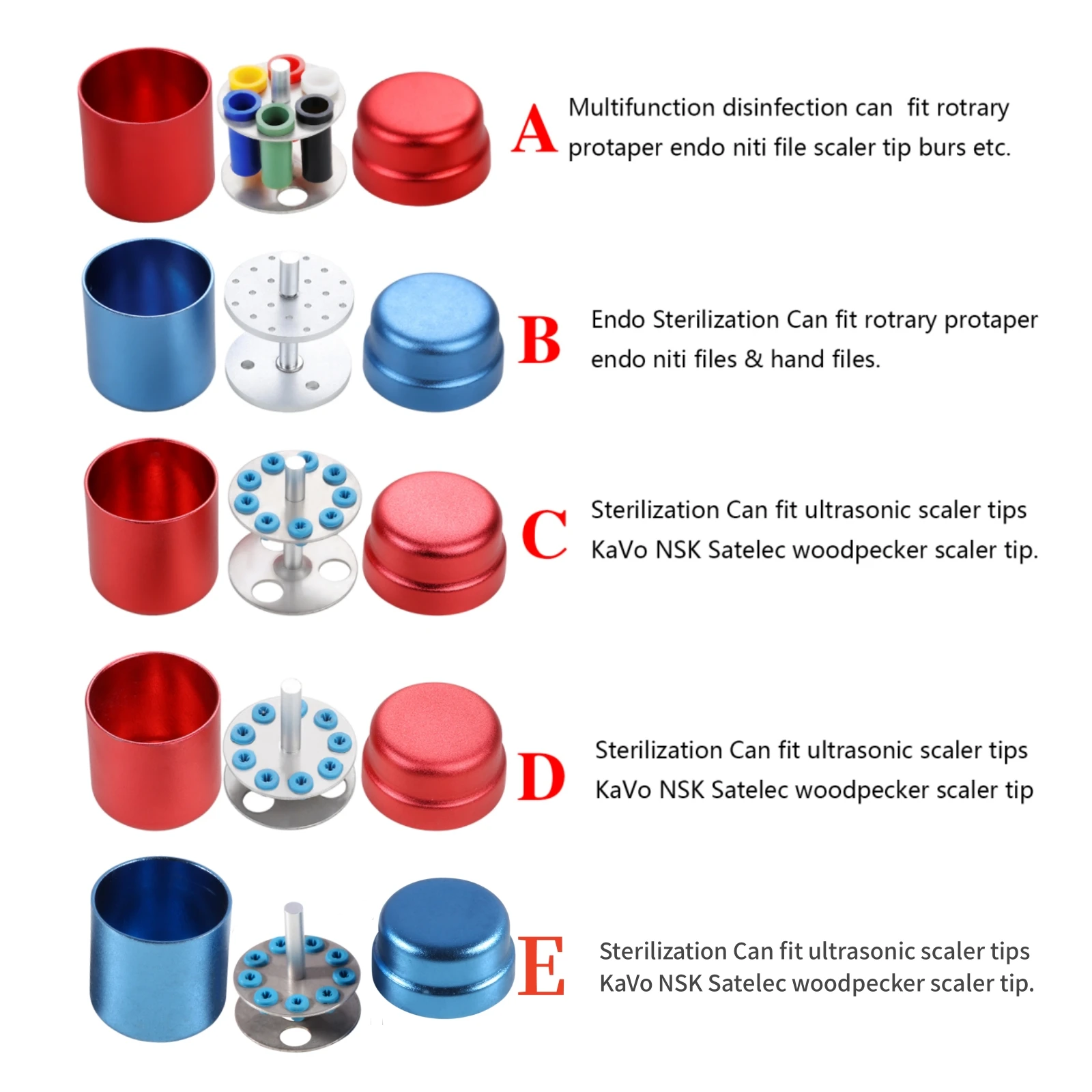

Aluminum Dental Autoclavable Sterilization Can Set for Endo Files, Scaler Tips & Burs (A/B/C/D/E Models)