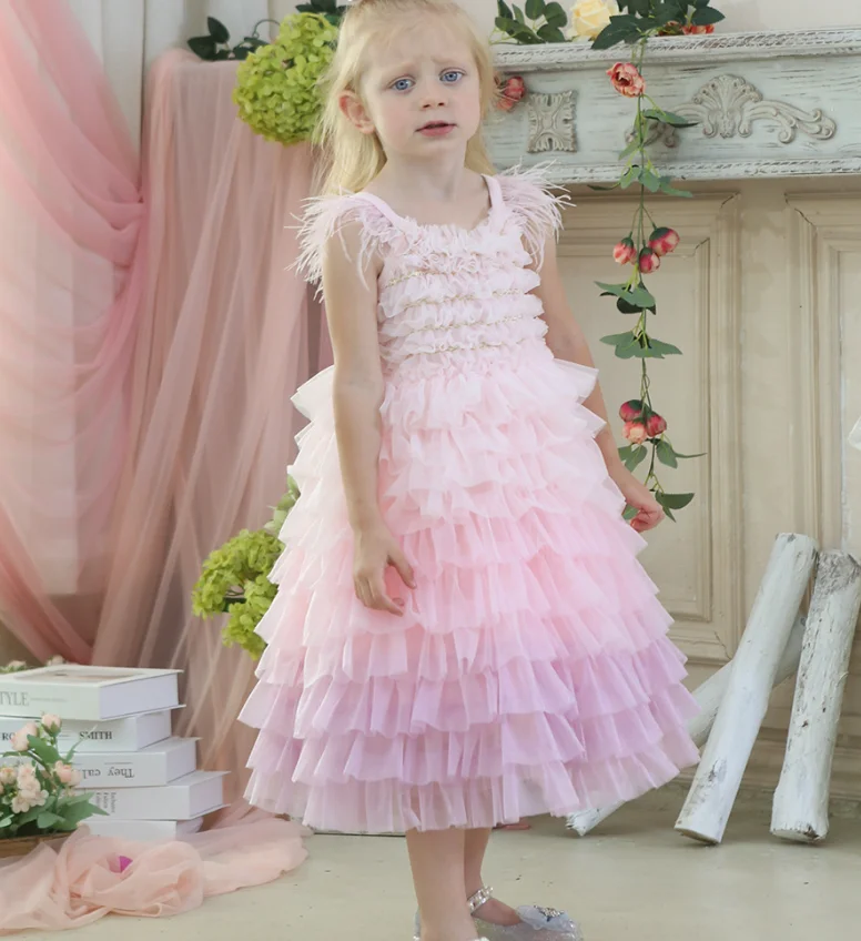 Retail New Baby Girls Boutique Pink Mesh Cake Flower Dress, Princess Kids Sweet Party Birthday Dress  3-8 T