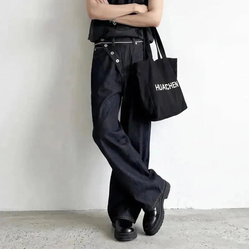 

Edgy Men's Asymmetrical Button Fly Jeans Washed Black Wide Leg Baggy Fit Streetwear Casual Premium Denim Pants