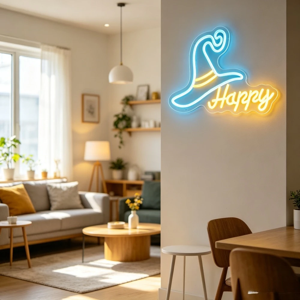 Happy Neon Sign LED Wizard Hat USB Reusable Fantasy Theme Night Light for Kids Room Birthday Party Home Decor Gift