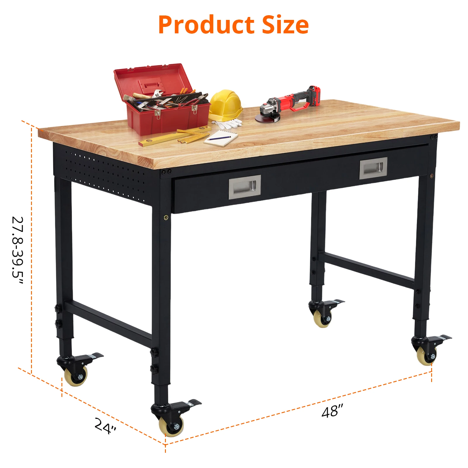 48’’x24’’ Adjustable Workbench,Workbench with Drawers,Workbench with Pegboard,2000 LB Load Capacity,4 Rolling Casters