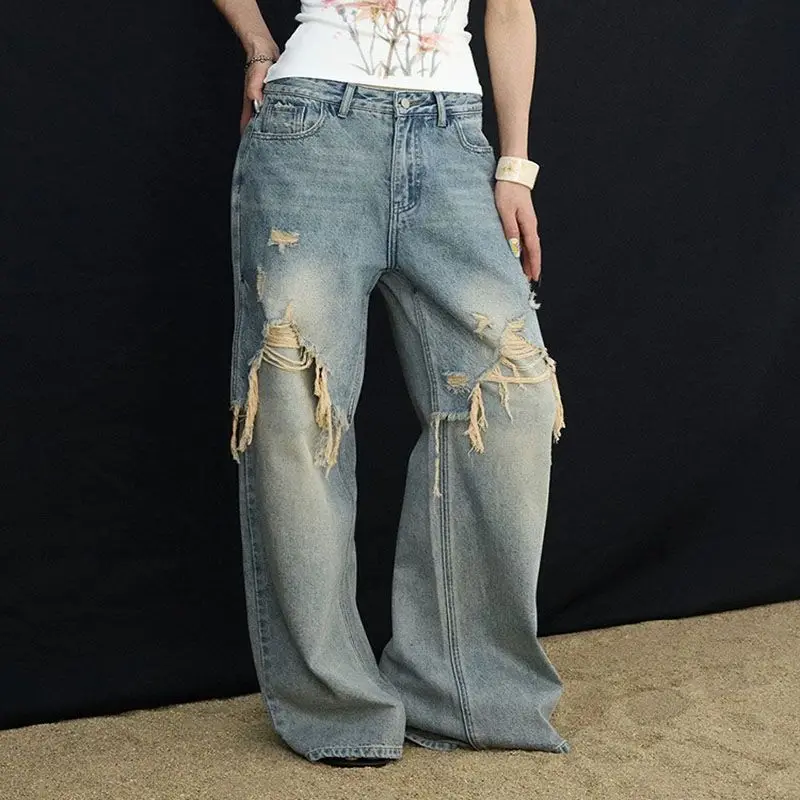 Spring and Autumn Women's Jeans Trendy Brand High Street Splicing Old Loose Casual Wide Leg Straight Leg Pants