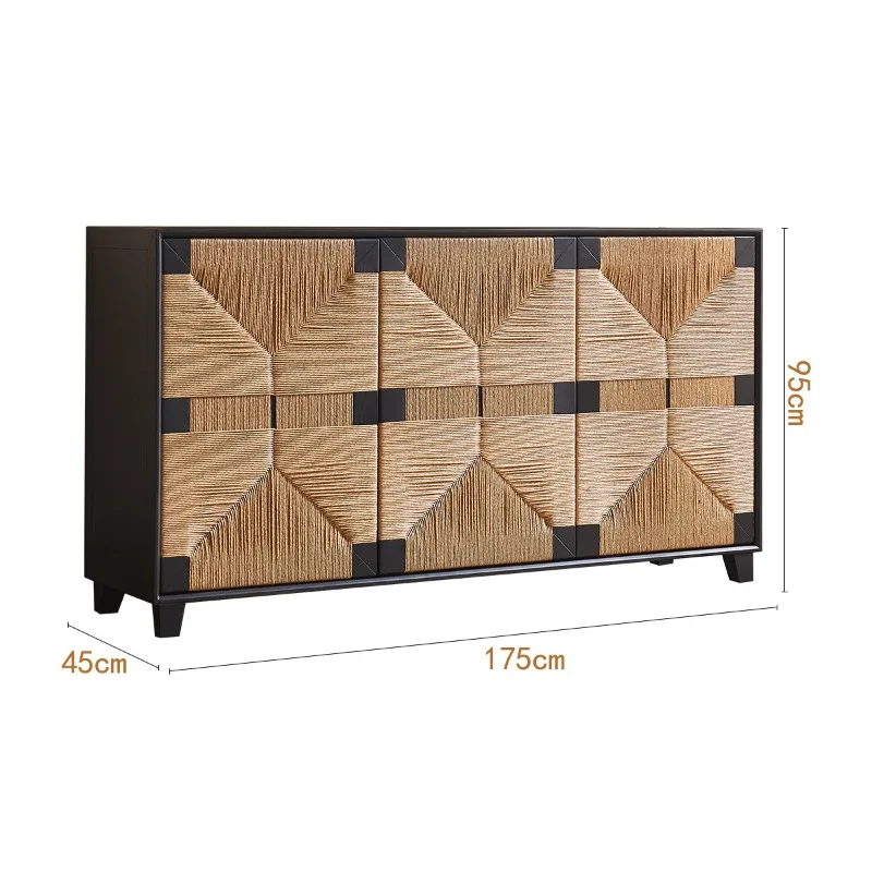 Medieval wabi-sabi wind solid wood dining side cabinet, hand-woven rattan three-door entrance cabinet