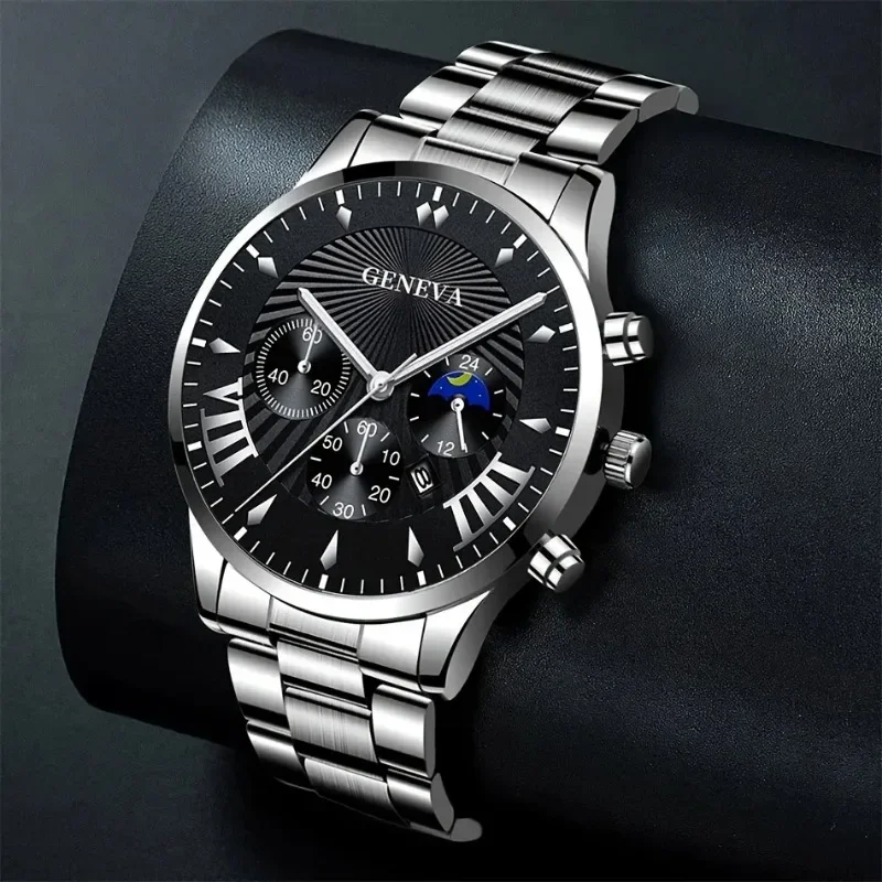 3pcs/set, Classic Fashion Men\'s Business Calendar Stainless Steel Quartz Watch & Bracelet Necklace Set, Gifts For Men