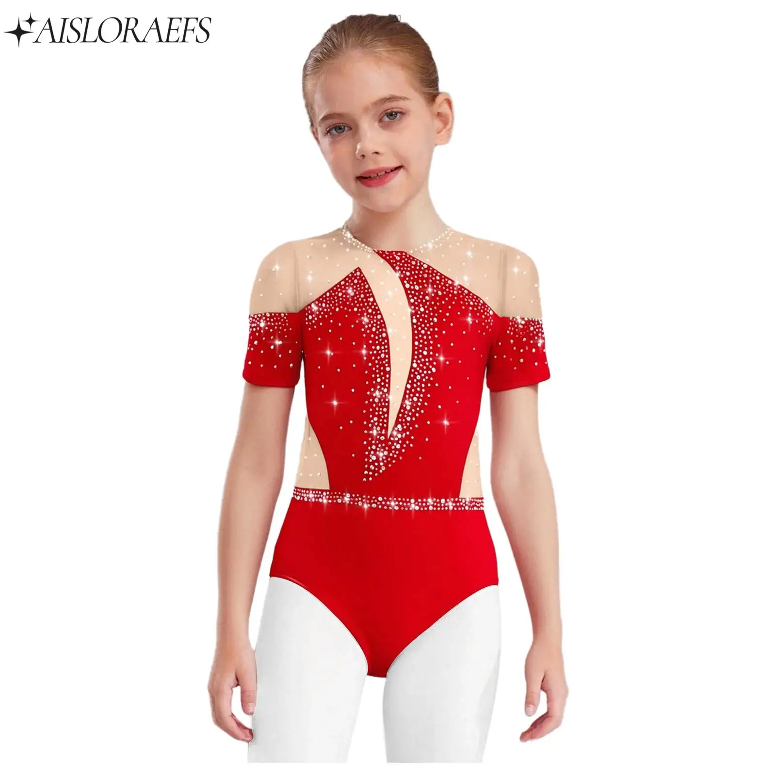

Kids Girls Figure Skating Dance Leotard for Swimsuit Ballet Dance Gymnastics Costumes Shiny Rhinestones Mesh Bodysuits Dancewear