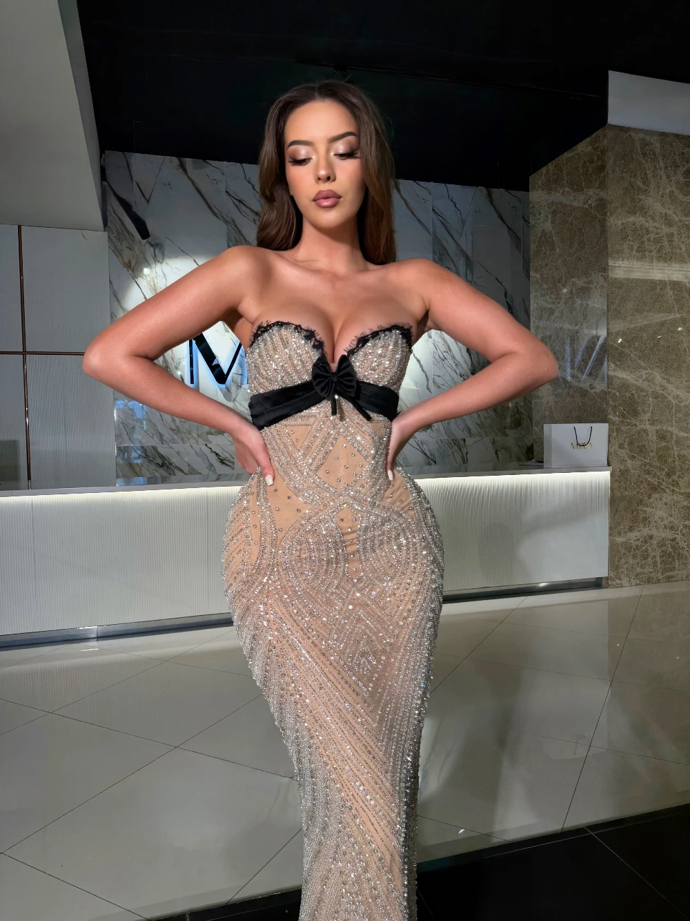 Newest Dazzling Sweetheart Neckline Evening Dress With Black Bow Charming Mermaid Beading Party Prom Cocktail Gown Customized