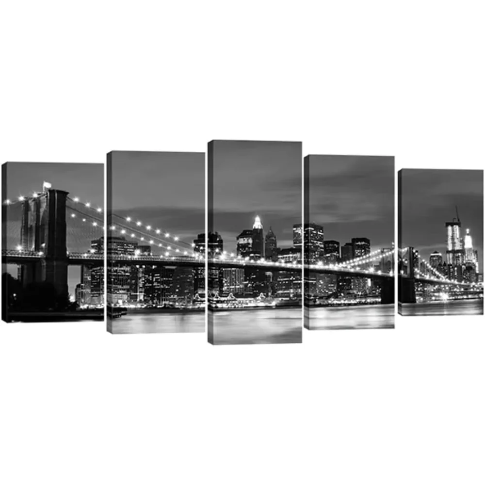 

New York Brooklyn Bridge Canvas Wall Art Night View 5 Panels Modern Landscape Artwork Canvas Prints Abstract Pictures