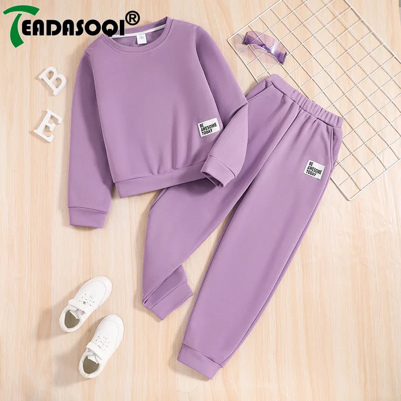 

Autumn Winter Kids Casual Girls Outfit 8-12 Years Sports Long-sleeved Crew-neck Hoodie+Sweatpants Purple Children's Clothes Sets