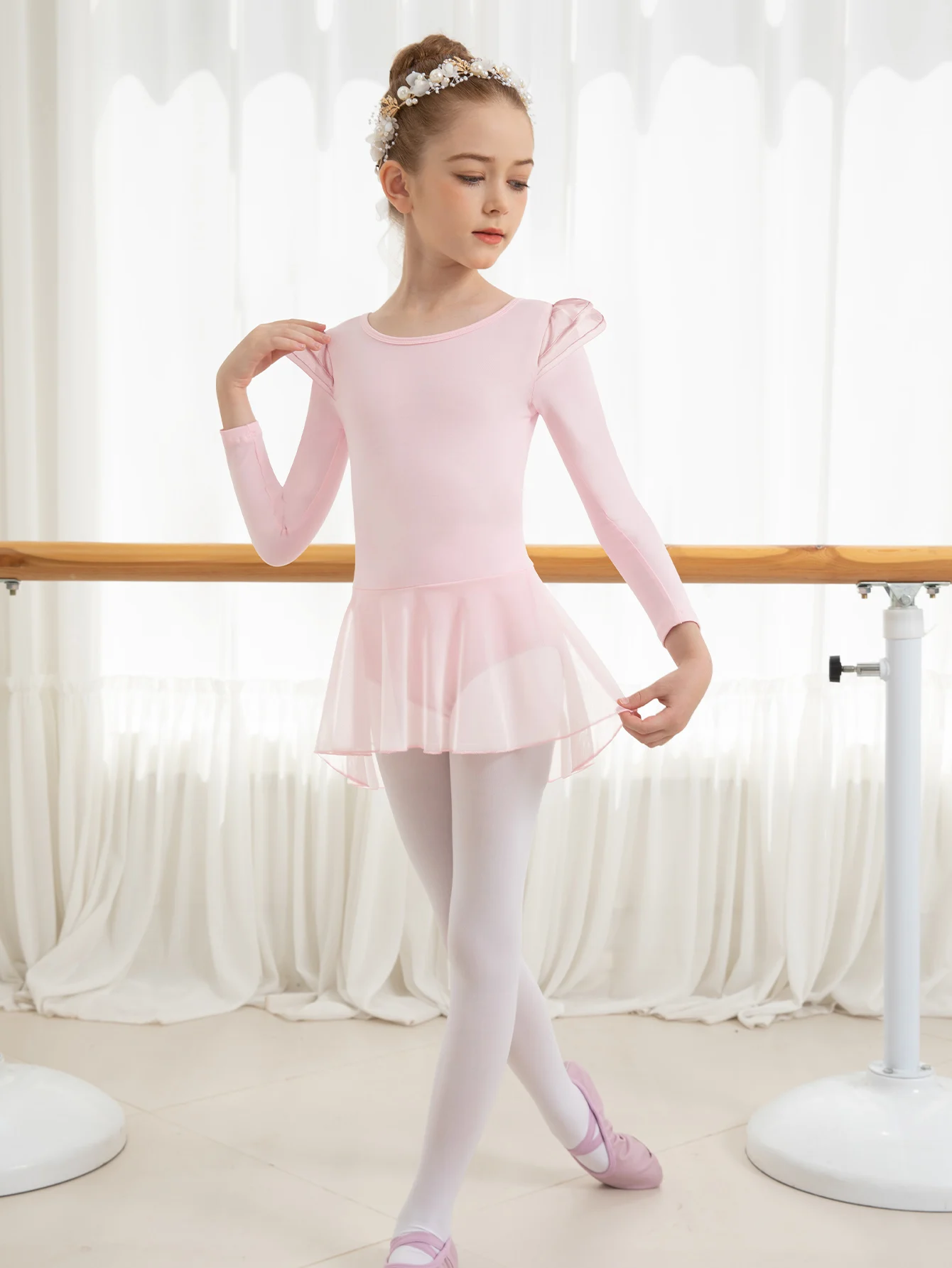 Girls Long Sleeve Ballet Leotards Toddler flutter sleeve high-low Fine Mesh Skirt Kid  Dance Gymnastic Outfits