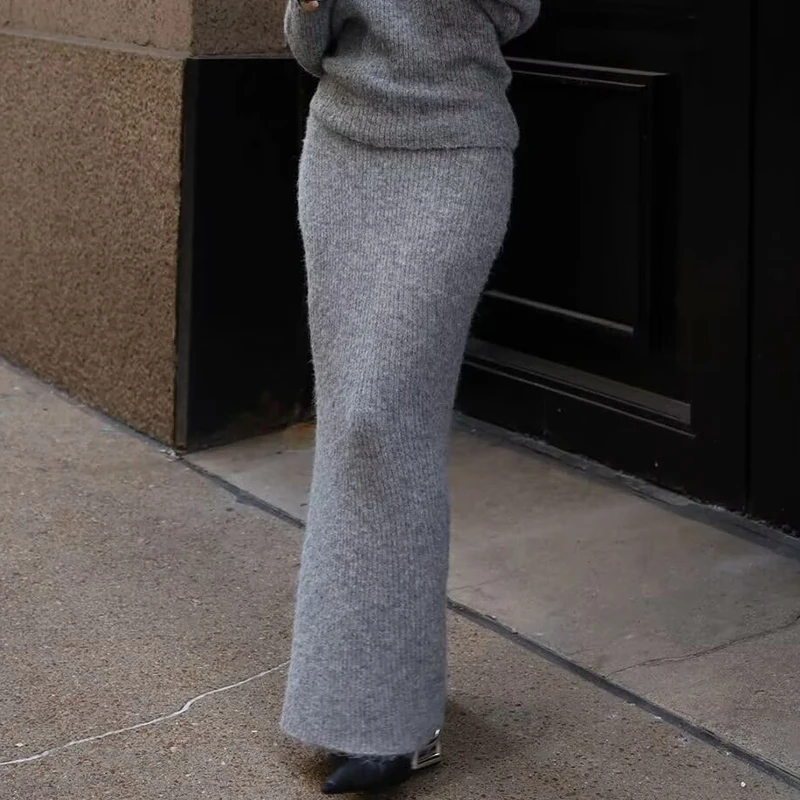 YENKYE Elegant Women Gray High Waist Knit Long Skirt Sexy Package Hip Female Autumn Winter Maxi Skirts