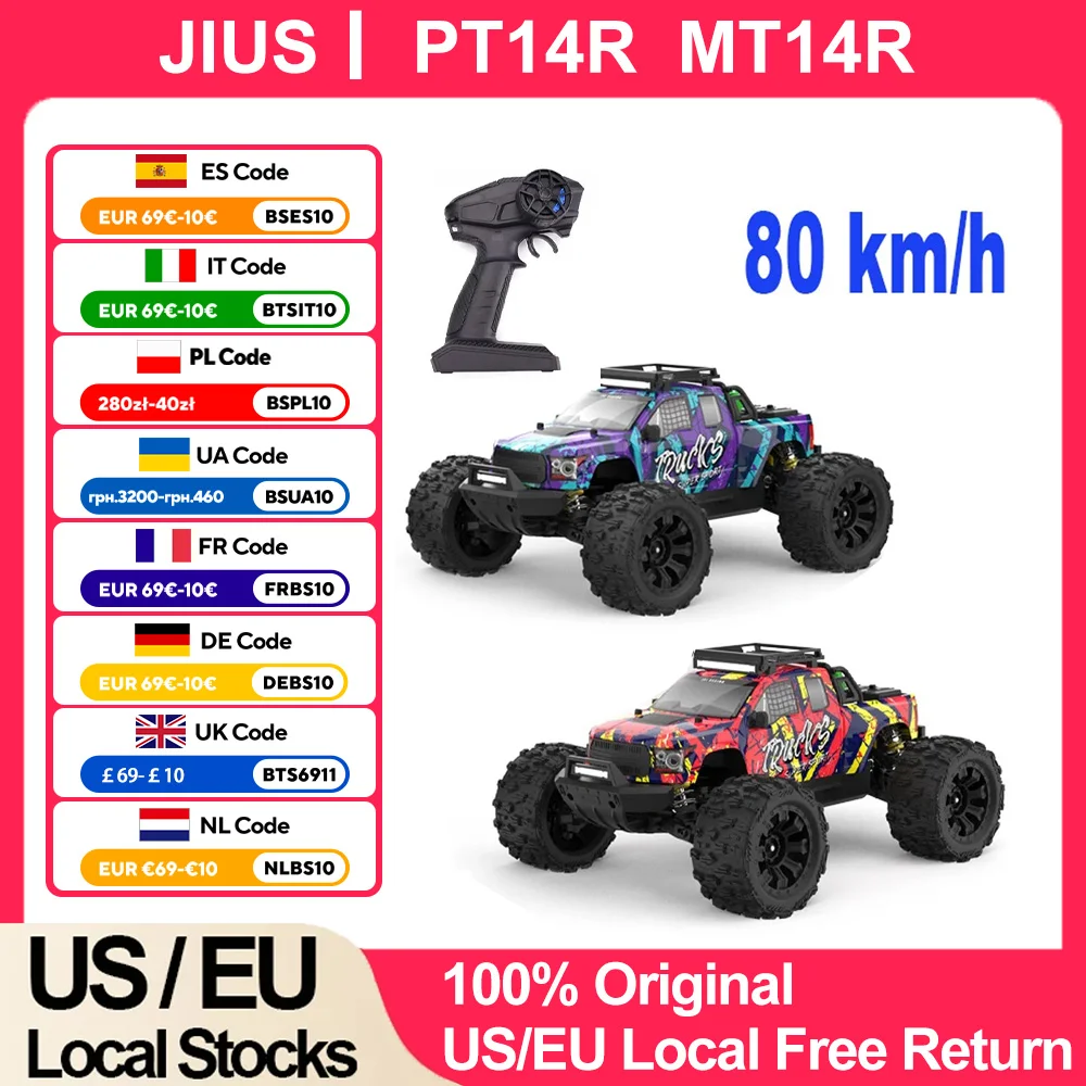 

JIUSI PT14R MT14R 1/14 4WD RC Car 80 км/ч Бесщеточный 2,4G Гоночный автомобиль с дистанционным управлением Высокоскоростной внедорожный радиоуправляемый грузовик 3S 35C 2200 мАч