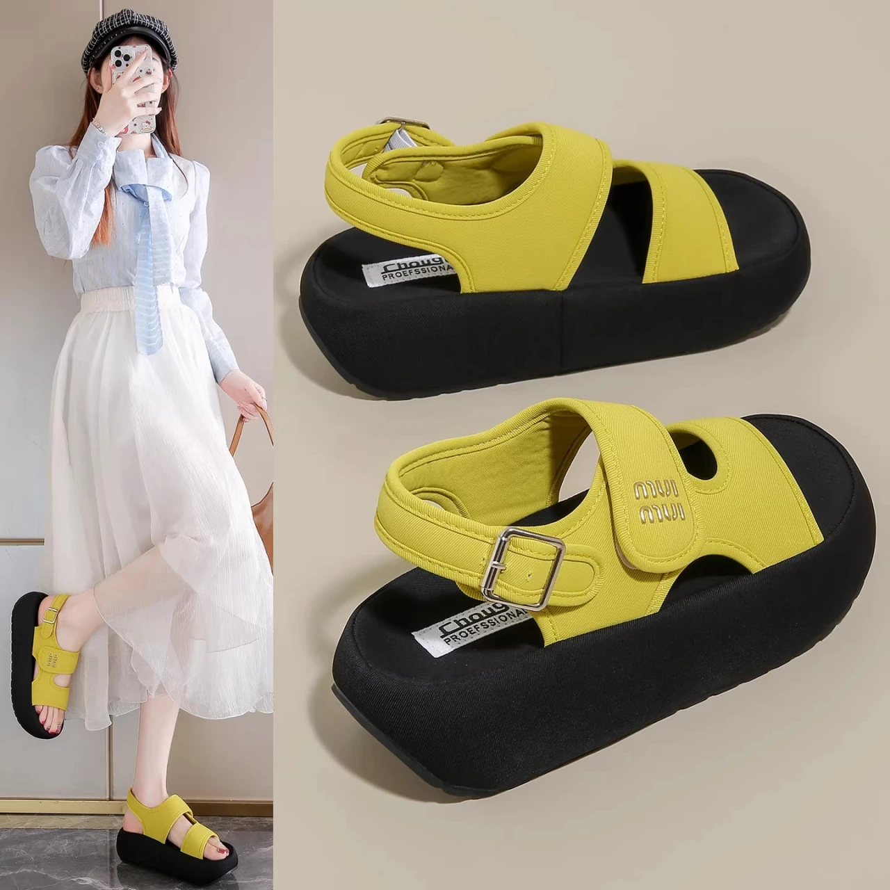 

Kids Platform Slingback Sandals, Letter Embroidery Velcro Strap Adjustable Buckle Thick Non-slip Summer Slide Slippers
