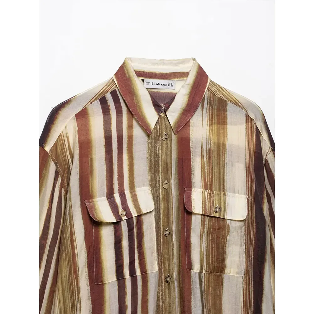 New Women Camisas Fashion With Pockets Striped Blouse Casual Lapel Neck Long Sleeves Elegance Female Chic Lady Shirts