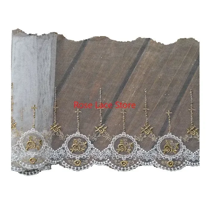 3 yards flower gold thread embroidery Lace Trim, floral white black tulle lace trim, For Doll Dress,Bridal Hairband Width 5.9‘’