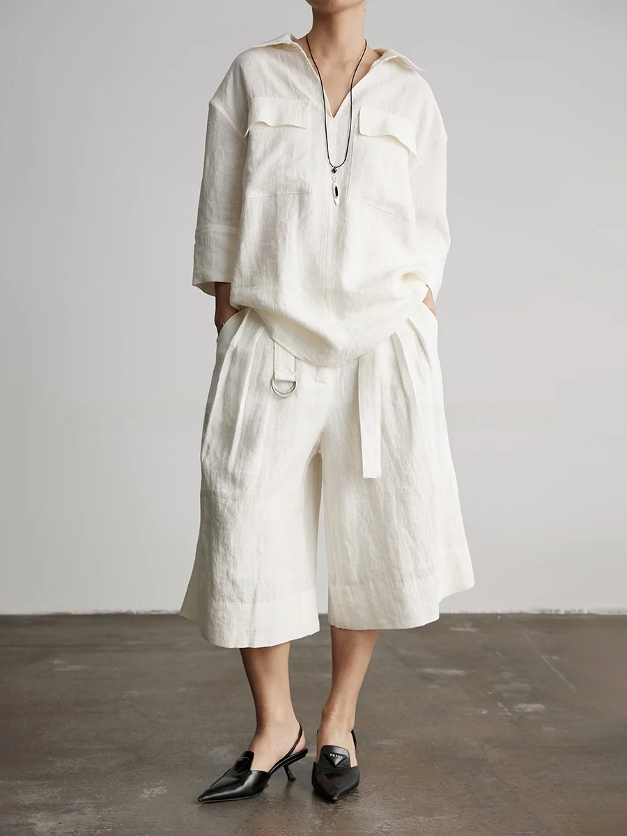 

Льняные брюки-кюлоты с высокой талией и широкими штанинами для женщин, летние, модные, для обычных случаев