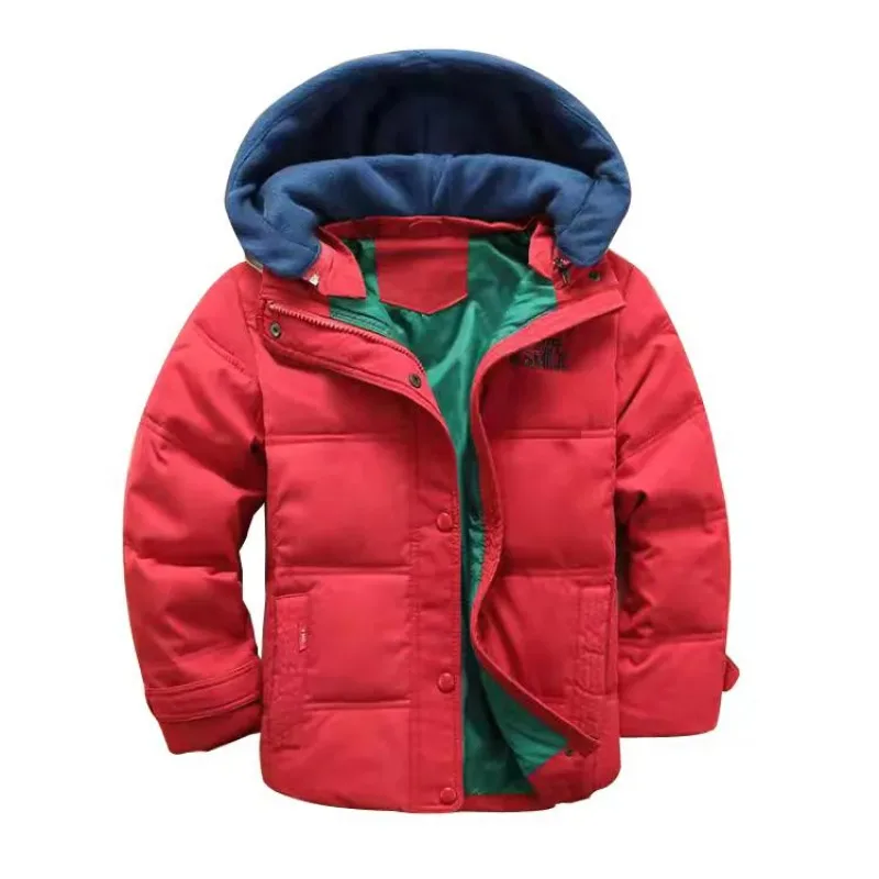 Childrens Winter Warm Padded Parkas 2025 New Korean Fashion Casual Color Block Detachable Hood White Duck Feather Coat